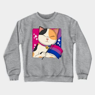 Cute Calico Cat Holding Bisexual Pride Flag Crewneck Sweatshirt